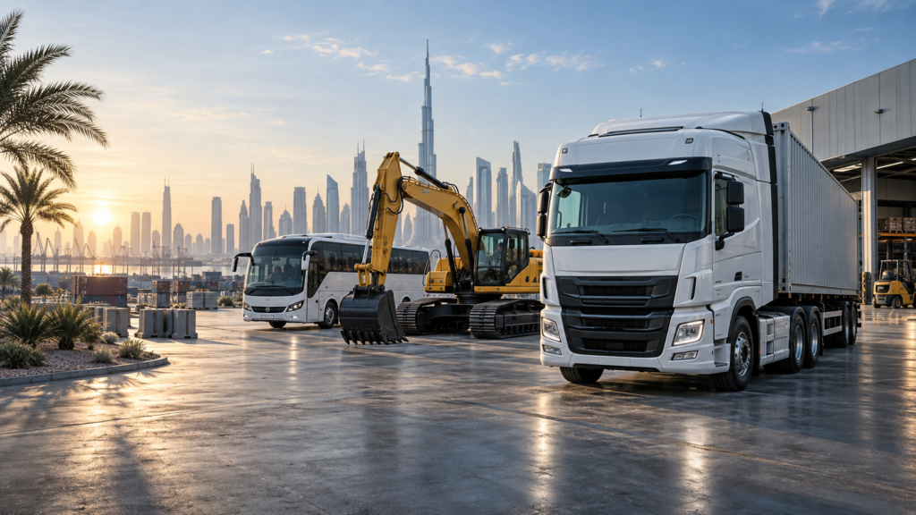 Commercial vehicles and heavy equipment with Dubai skyline