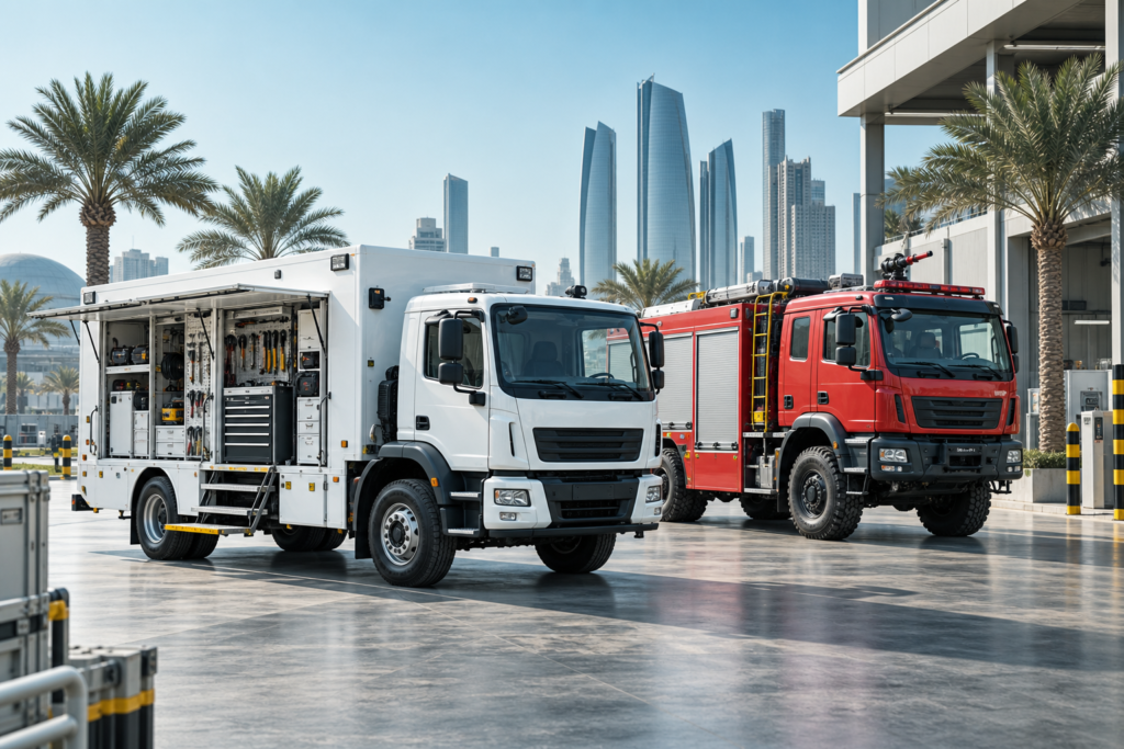 Mobile workshop and firefighting vehicles in a UAE setting