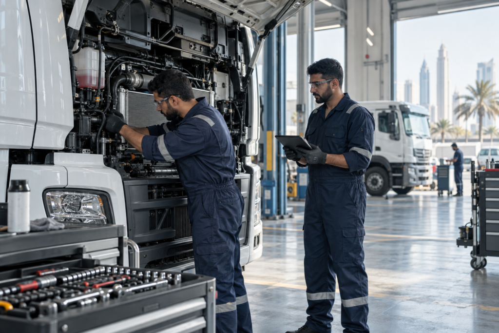 Technicians inspecting a commercial truck in a UAE workshop